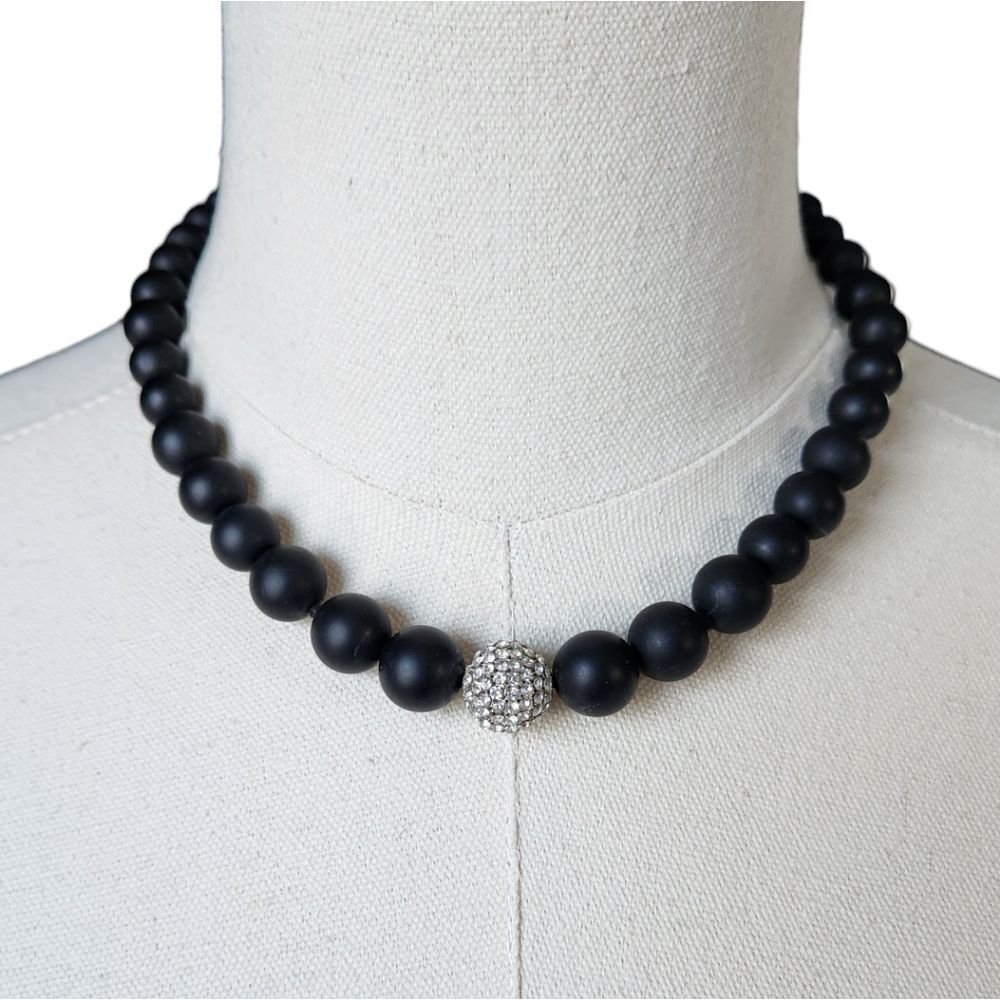 NWOT Lia Sophia Castile Black Agate Beads Pave Crystal Center Necklace